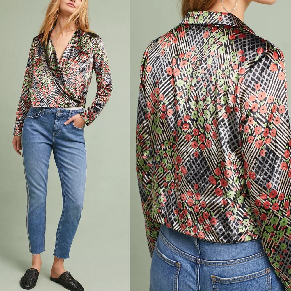 Anthropologie Ett Twa Velvet Wrap Blazer Blouse Whimsigoth Floral Sz 10
